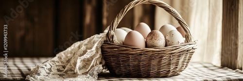Rustic Egg Basket. A wicker basket filled with white, brown, and speckled eggs rests on a checkered tablecloth with lace, set against a blurred wooden background.