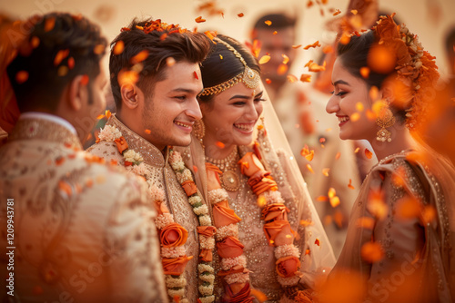 Candid shot of newly wed Indian ethnic Bride and Groom on their wedding day photo