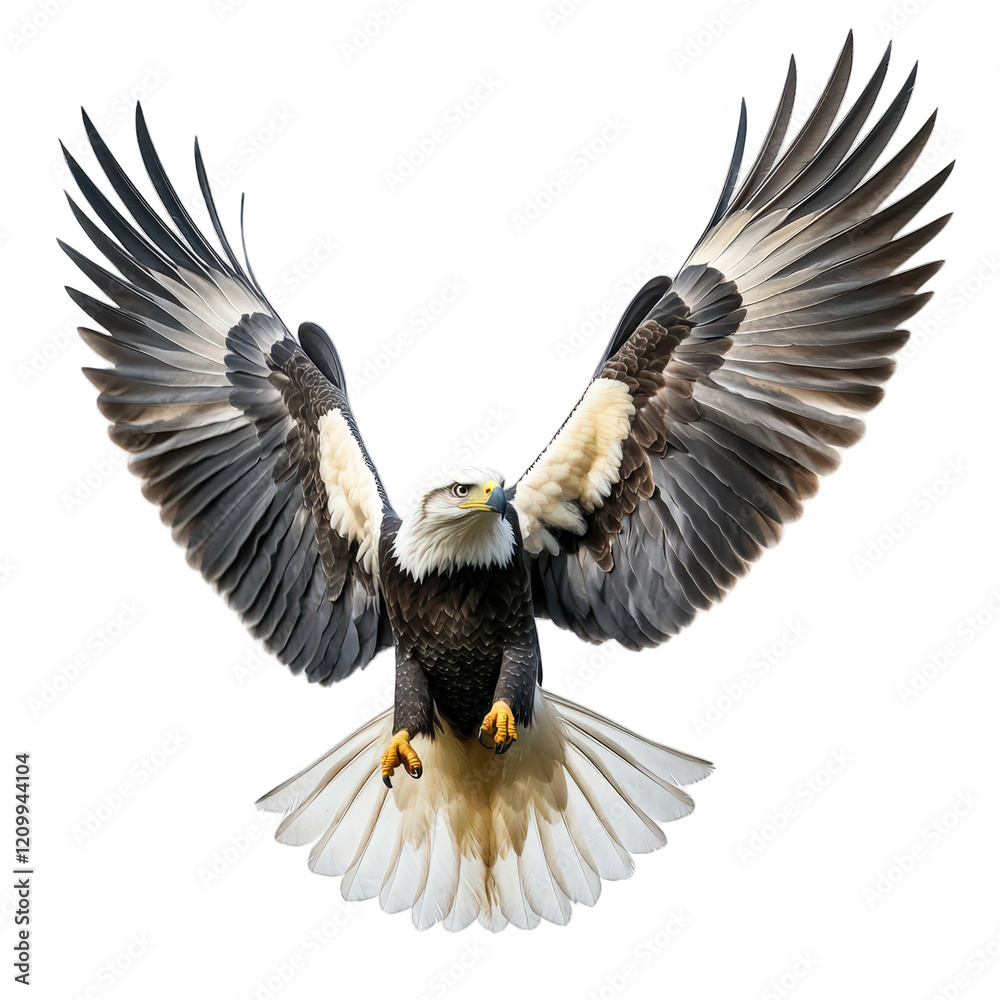 Naklejka premium majestic eagle in mid-flight. showcasing its impressive wingspan and detailed plumage against a clean. white background the eagle's sharp eyes and powerful build emphasize its status as a symbol of st