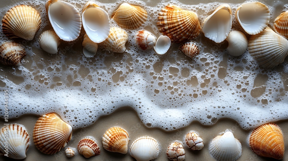 Seashells and Seafoam: A delightful collection of seashells of varying shapes and colors arranged artfully on a sandy beach, with gentle seafoam flowing around them. Seashells and Seafoam: A delightful collection of seashells of varying shapes and colors arranged artfully on a sandy beach, with gentle seafoam flowing around them.