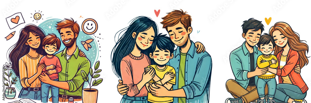 Adopt a child. Multicultural adoptive family or couple adopting a child. Happy parents hugging their adopted child. Vector cartoon illustration. Adopt a child. Multicultural adoptive family or couple adopting a child. Happy parents hugging their adopted child. Vector cartoon illustration.