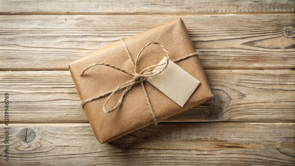 A rustic brown gift package tied with twine and a blank tag rests on a weathered wooden surface A rustic brown gift package tied with twine and a blank tag rests on a weathered wooden surface