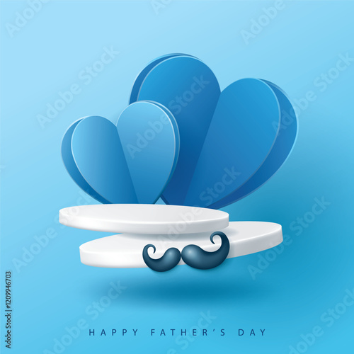 Father's day poster for product display. White platform with hearts on blue background.