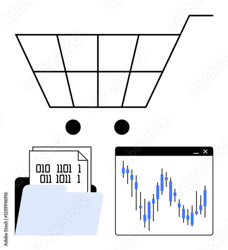 Shopping cart, binary data in folder, and fluctuating line chart. Ideal for e-commerce, digital marketing, online shopping, data analytics, financial analysis market research. Line metaphor