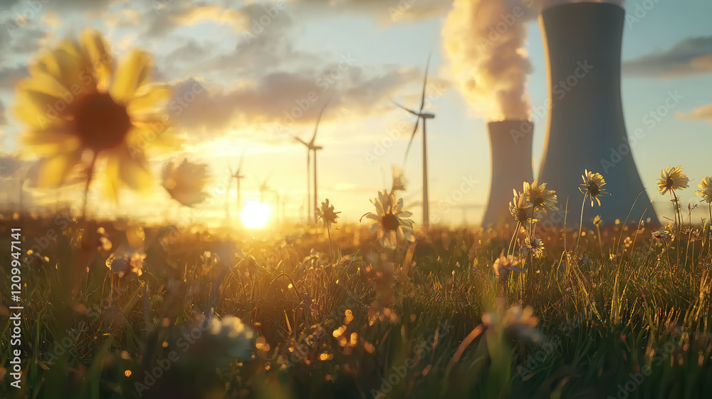 Fototapeta premium futuristic nuclear power plant with cooling towers and wind turbines stands amidst vibrant meadow of wildflowers sunset, blending technology and