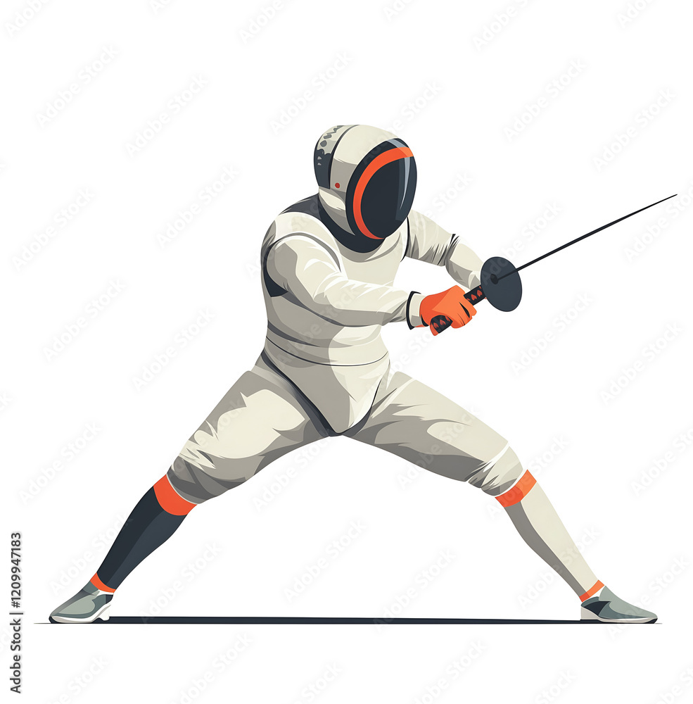 Fencing, a flat illustration style with simple shapes on a white background, a sports character wearing a fencer's uniform and holding a sword Fencing, a flat illustration style with simple shapes on a white background, a sports character wearing a fencer's uniform and holding a sword