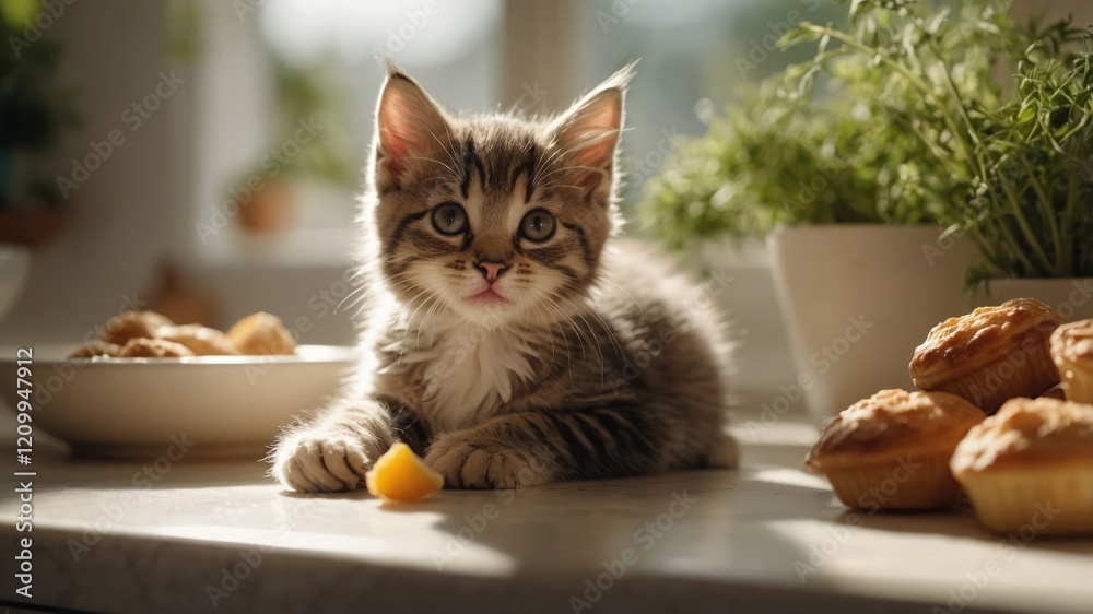 A playful kitten sits on a countertop near muffins and fresh herbs, enjoying a small treat. A playful kitten sits on a countertop near muffins and fresh herbs, enjoying a small treat.