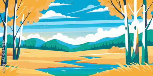Fall landscape image. Cartoon style. Vector illustration