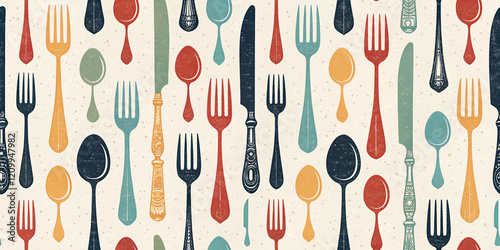 Fork, Knife, and Spoon Icons in a Seamless Pattern Design