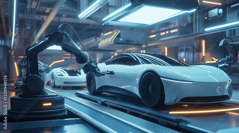 Robotic arms assembling sleek electric vehicles in a modern factory. Futuristic automation technology emphasizes efficiency, precision, and innovation in automobile manufacturing. Robotic arms assembling sleek electric vehicles in a modern factory. Futuristic automation technology emphasizes efficiency, precision, and innovation in automobile manufacturing.
