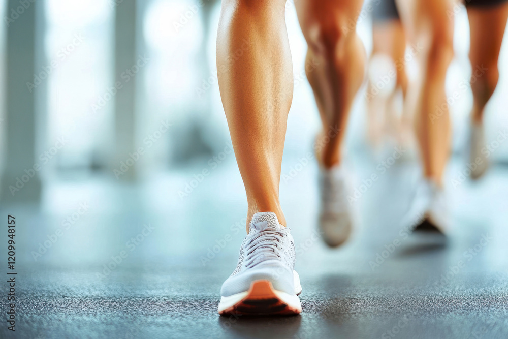 Group of runners with focus on sneakers during indoor workout Group of runners with focus on sneakers during indoor workout