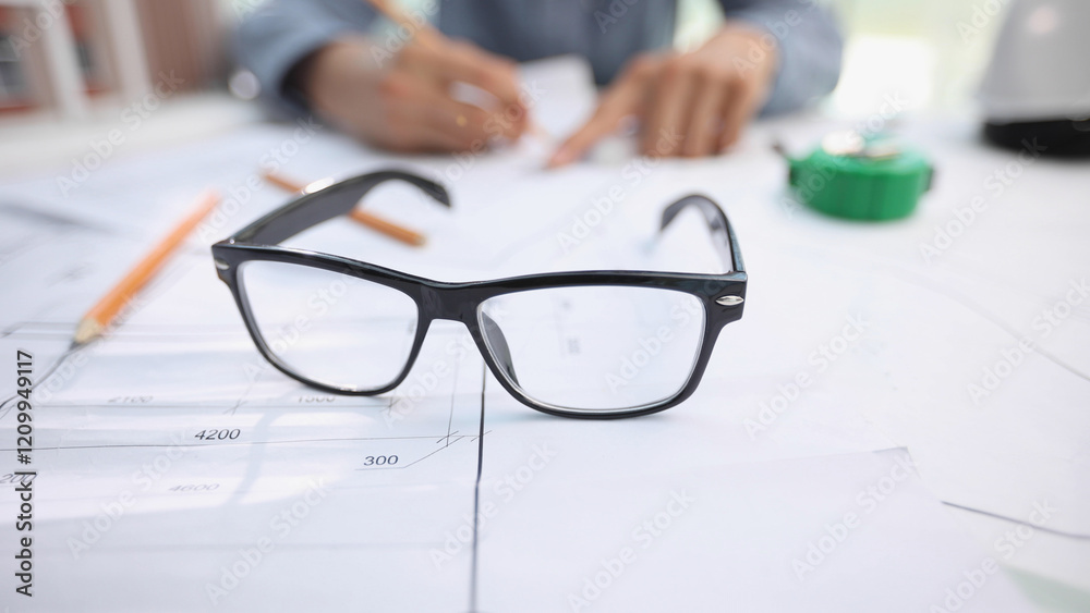 glasses on a construction drawing in the office, close-up glasses on a construction drawing in the office, close-up