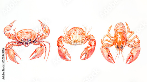 Watercolor Set of Fresh Seafood Illustrations with Detailed Crustaceans, Fish, and Shellfish photo