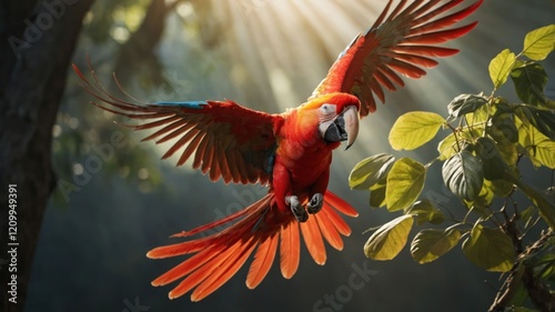 A vibrant macaw in mid-flight, showcasing its colorful feathers against a sunlit backdrop. photo