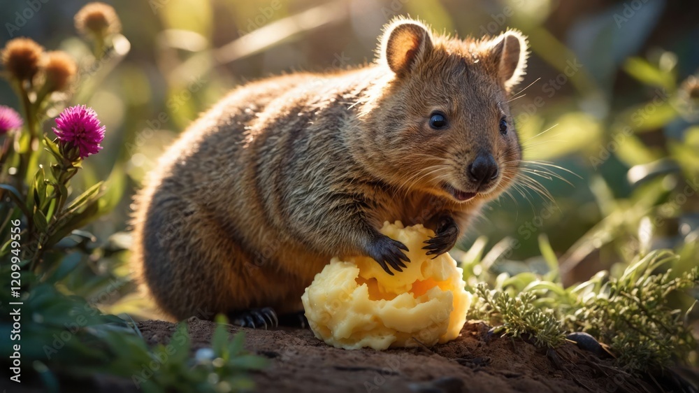 A cute quokka holding a piece of food amidst flowers in a natural setting. A cute quokka holding a piece of food amidst flowers in a natural setting.