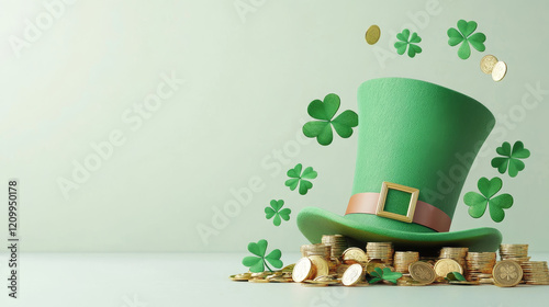 A green hat with a shamrock on it is surrounded by gold coins