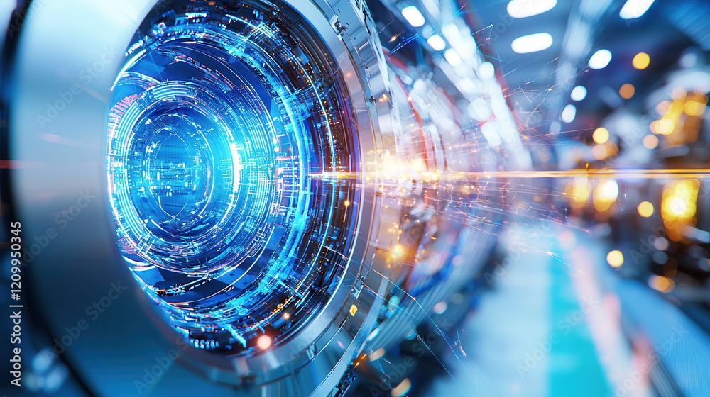Fototapeta premium Futuristic nuclear reactor glowing with vibrant energy, surrounded by advanced technology and emitting radiant blue light