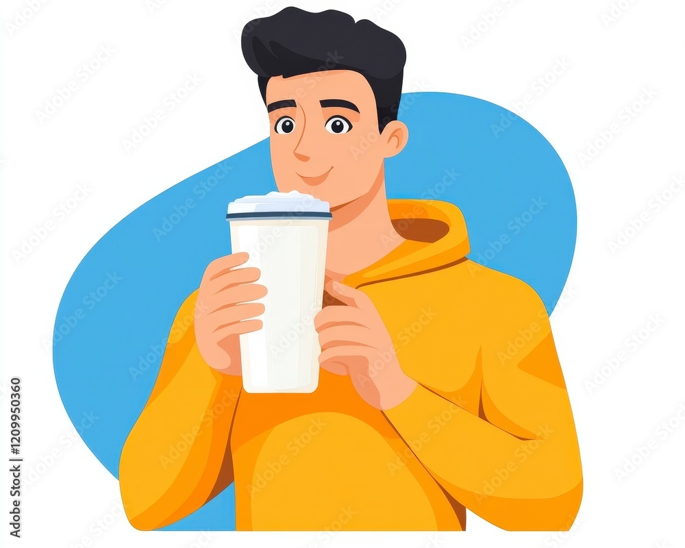 Young man enjoying beverage in cozy hoodie with bright background Young man enjoying beverage in cozy hoodie with bright background