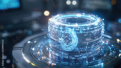 futuristic nuclear reactor glowing with vibrant energy, surrounded by intricate digital circuits and high tech environment