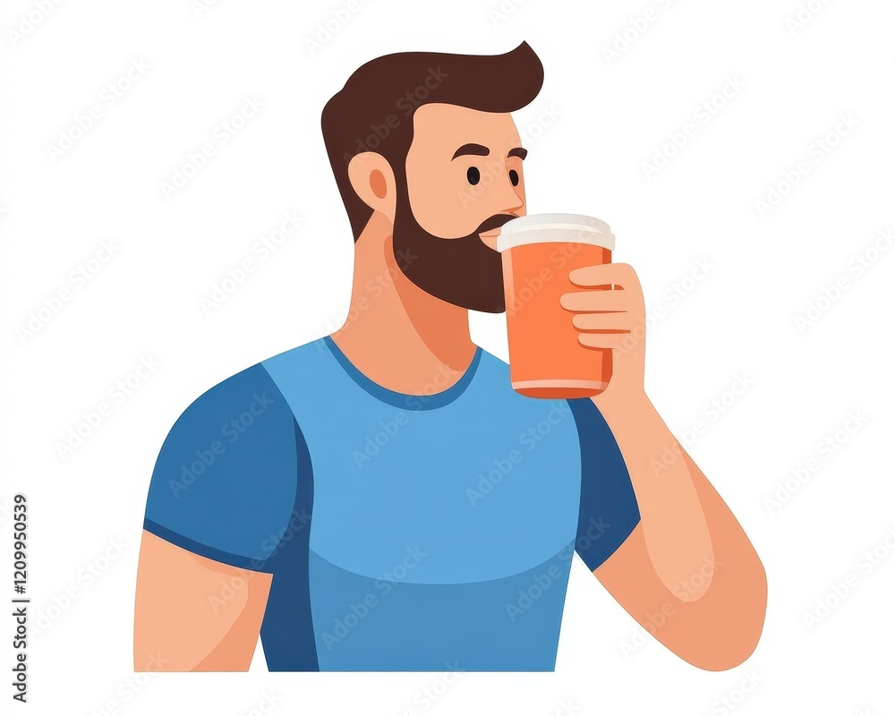 Young Man with Beard Enjoying Beverage in Casual Blue T-Shirt