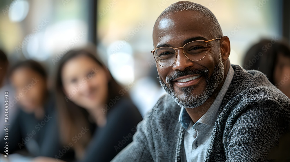 Professional Man Smiling in Modern Workplace Professional Man Smiling in Modern Workplace