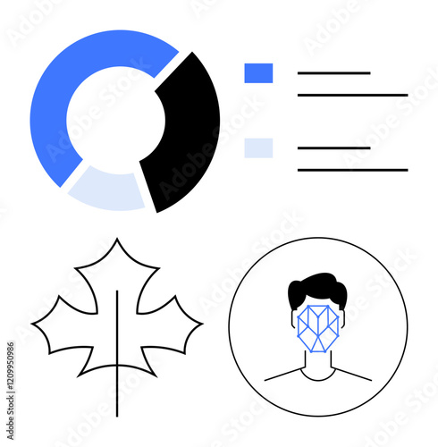 Pie chart with segmented sections and text lines, maple leaf outline, and face with geometric recognition pattern. Ideal for analytics, technology, biometrics, identity, environment, statistics