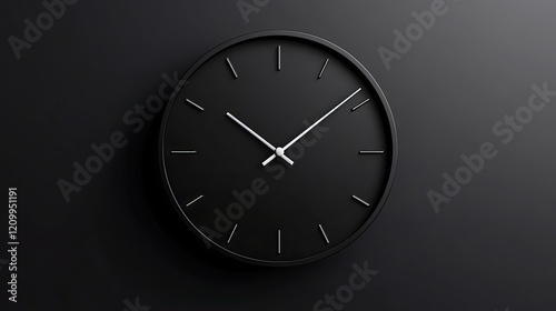 A simple black clock with silver hands on a black wall
