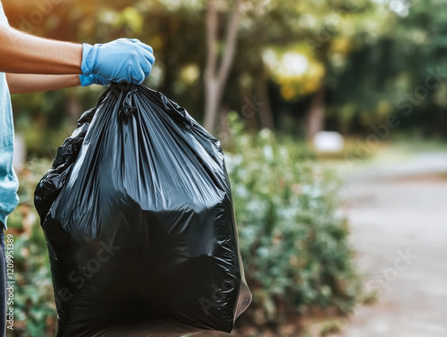 hand holding garbage black bag putting in to trash