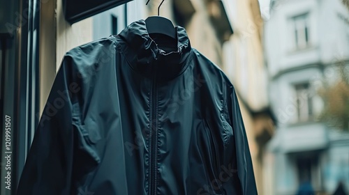 Dark Jacket Hangs In Shop Window Display photo