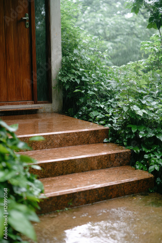 Rainy day scene with wet staircase and lush greenery outside wooden door