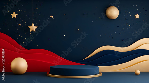 Elegant Night Podium with Blue and Gold Colors and Celestial Objects