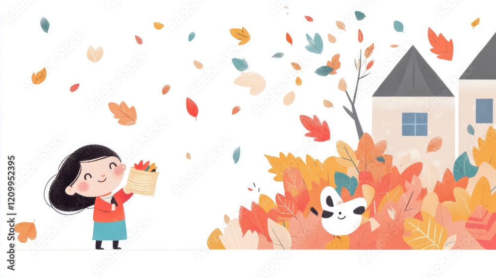 Autumnal Scene: Girl Gathering Leaves near Houses Autumnal Scene: Girl Gathering Leaves near Houses