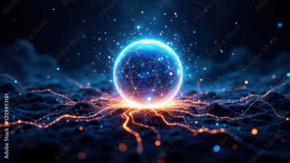 Obraz premium Futuristic AI technology abstract concept with glowing blue sphere on fiery red background.