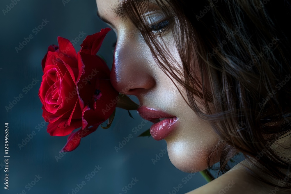 Fototapeta premium Model smelling red rose in sensual beauty portrait, enjoying fragrance and floral scent