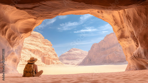 Frau steht vor berühmten Bauwerken in Petra, Jordanien.