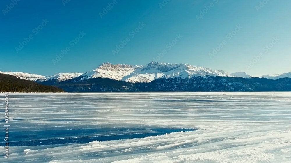 majestic mountain peak covered in snow stands tall perfectly mirrored in frozen lake beneath expansive clear sky offering tranquil setting for nature lovers. majestic mountain peak covered in snow stands tall perfectly mirrored in frozen lake beneath expansive clear sky offering tranquil setting for nature lovers.