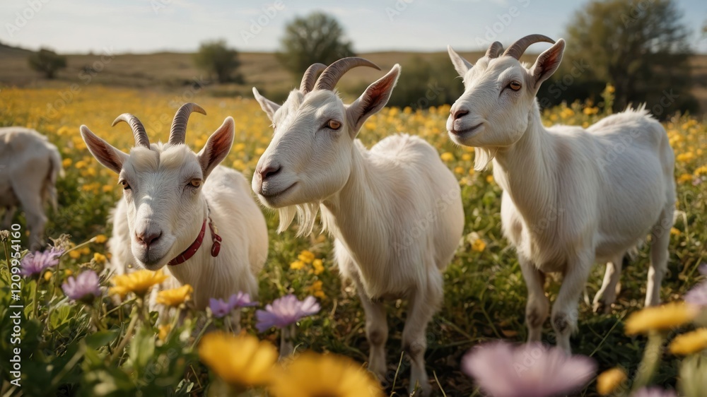 Three goats standing in a vibrant flower field under a sunny sky. Three goats standing in a vibrant flower field under a sunny sky.