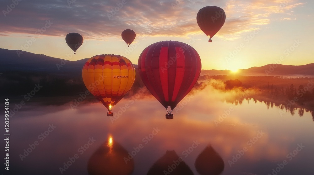 Obraz premium Mesmerizing Sunrise Scenery with Hot Air Balloons Floating Over Serene Lake Landscape