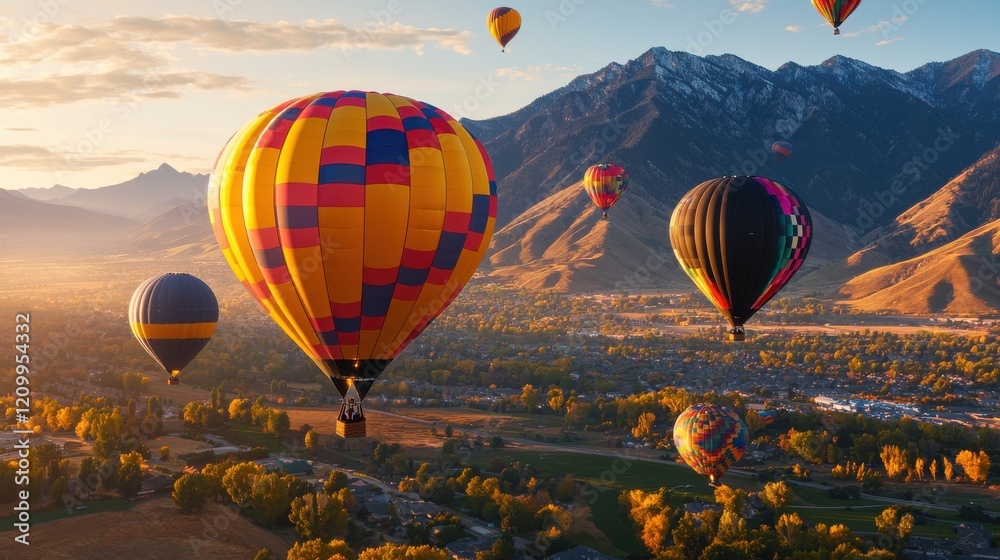Naklejka premium Colorful Hot Air Balloons Soaring Over Scenic Mountain Landscape at Sunset