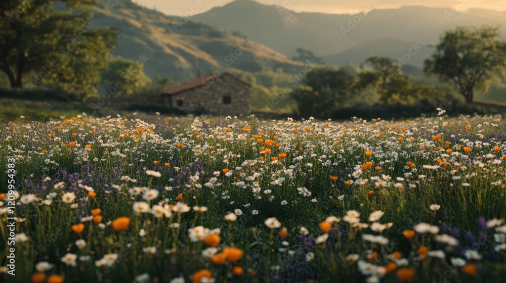 Fototapeta premium Rustic stone house in meadow with blooming wildflowers and mountain view