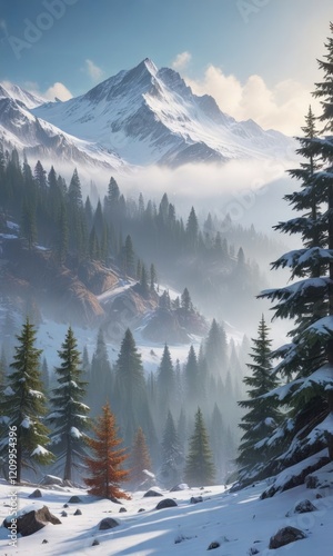 A misty morning veil shrouds the snow-covered mountains and evergreen trees, soft haze, foggy morning photo