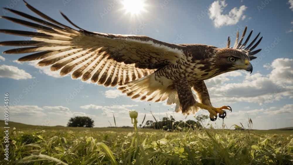 Fototapeta premium A hawk in mid-flight against a sunny sky, showcasing its wings and sharp features.