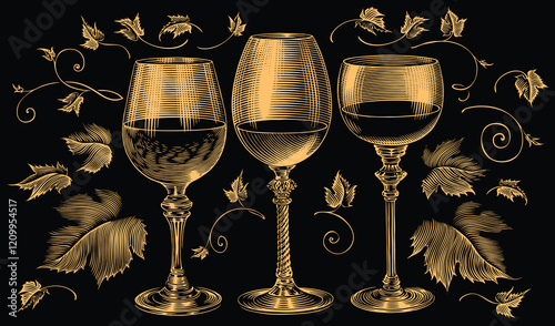 Wine Glasses. Design set. Editable hand drawn illustration. Vector vintage engraving. Isolated on black background. 8 EPS