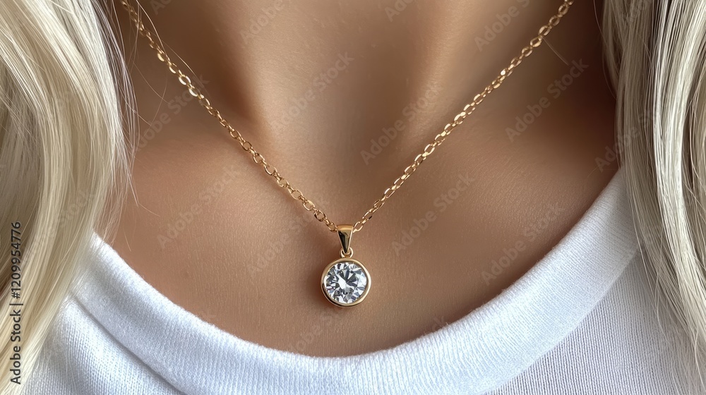 Close-up view of a gold necklace featuring a sparkling diamond pendant on a woman's neck, highlighting simplicity and elegance Close-up view of a gold necklace featuring a sparkling diamond pendant on a woman's neck, highlighting simplicity and elegance