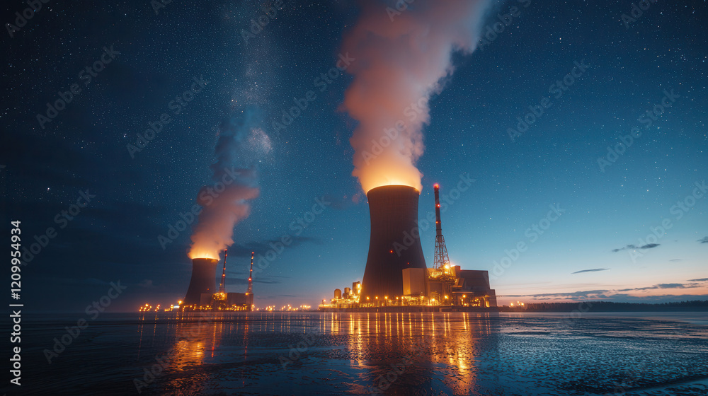 Night view of nuclear power plant with glowing lights, emitting steam under starry sky, reflecting on calm water surface Night view of nuclear power plant with glowing lights, emitting steam under starry sky, reflecting on calm water surface