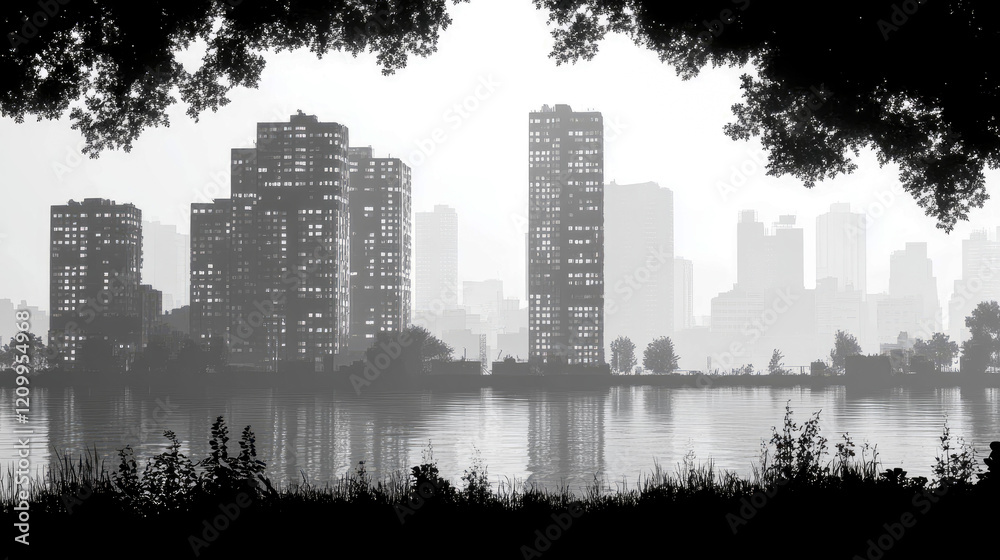 Naklejka premium Monochromatic Cityscape Reflected in Calm Water, Seen Through Tree Branches
