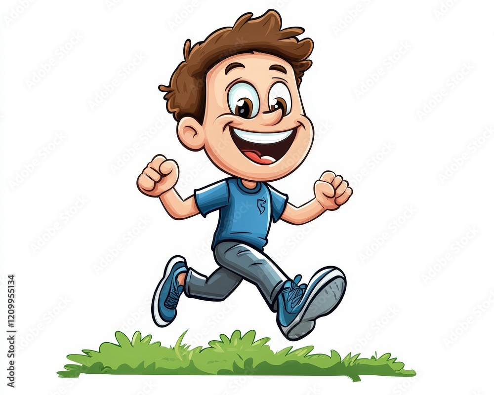 Happy Cartoon Boy Running on Grass with Joyful Expression Happy Cartoon Boy Running on Grass with Joyful Expression