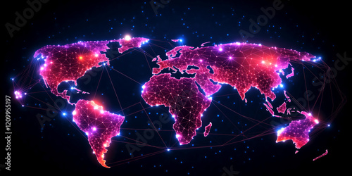 Glowing world map with futuristic design: interconnected lines, nodes, neon pink and purple color on black background. For technology, global networking, digital communication, innovation themes