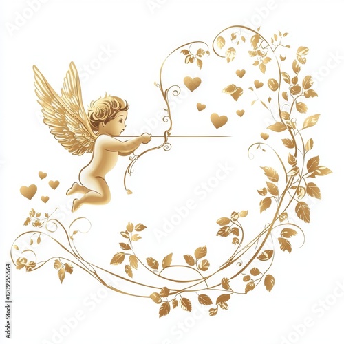 Golden Cupid with Floral Frame Valentine s Day Romantic Cherub Love Design Hearts Angel photo