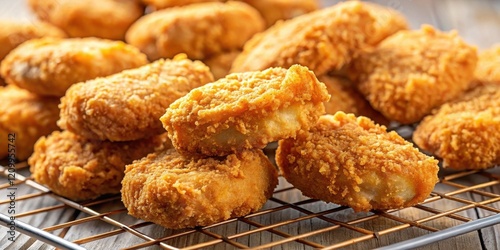 Golden-brown crispy fried chicken nuggets cooling on a wire rack